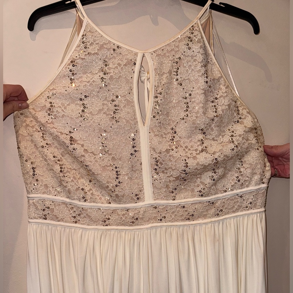 NW Champagne sleeveless size 22W full length gown with sequence from belt up.